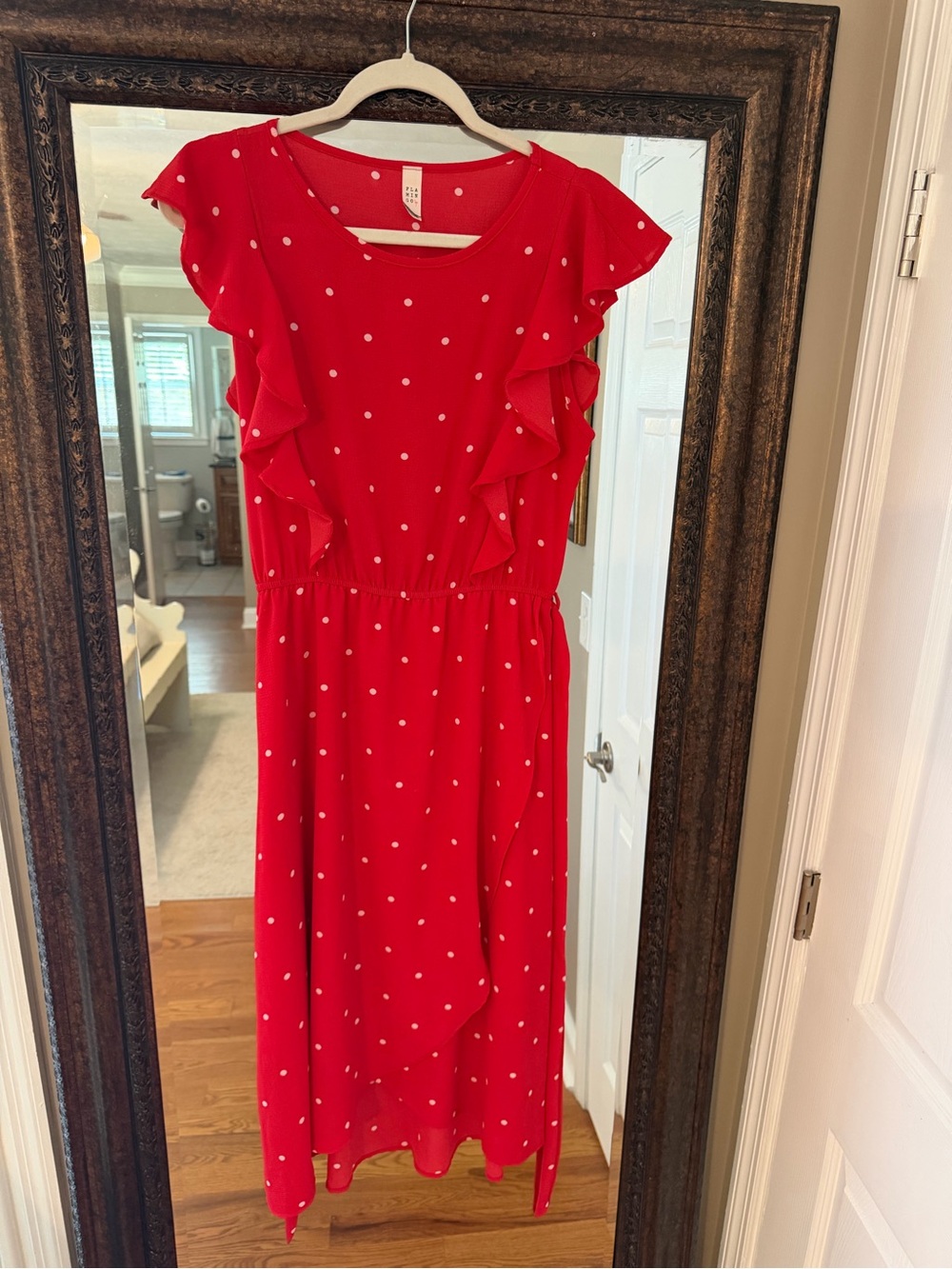 Red Polka Dot Ruffle Midi Dress - Women's Effortless Day-to-Evening Style - Picture 2 of 14
